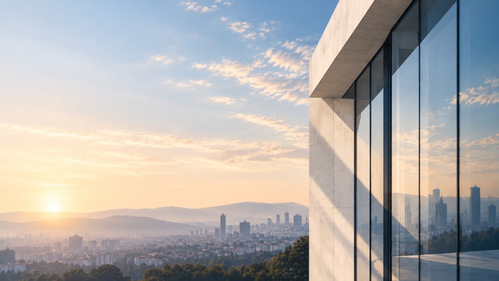 Sunrise over a city skyline beside a glass facade